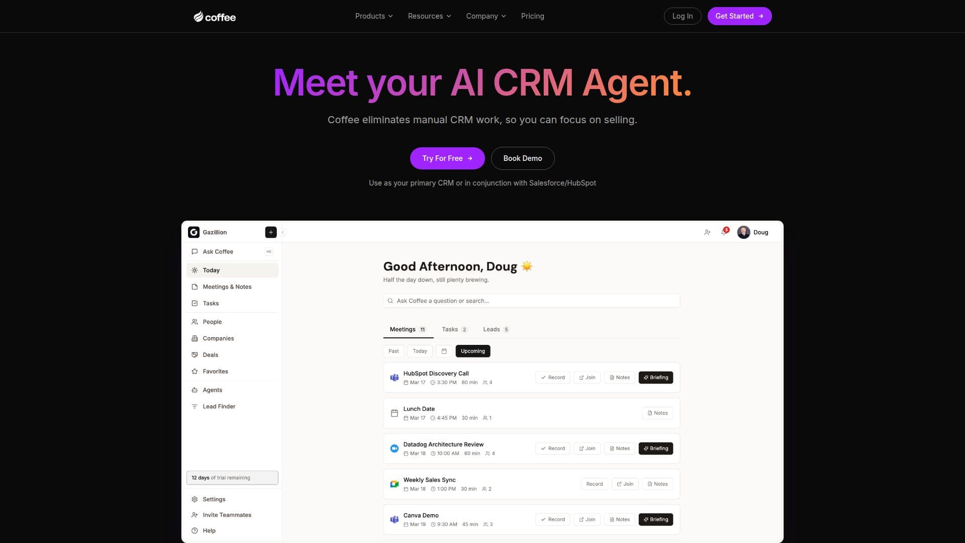 Coffee — Agente CRM de IA para Equipes de Vendas screenshot
