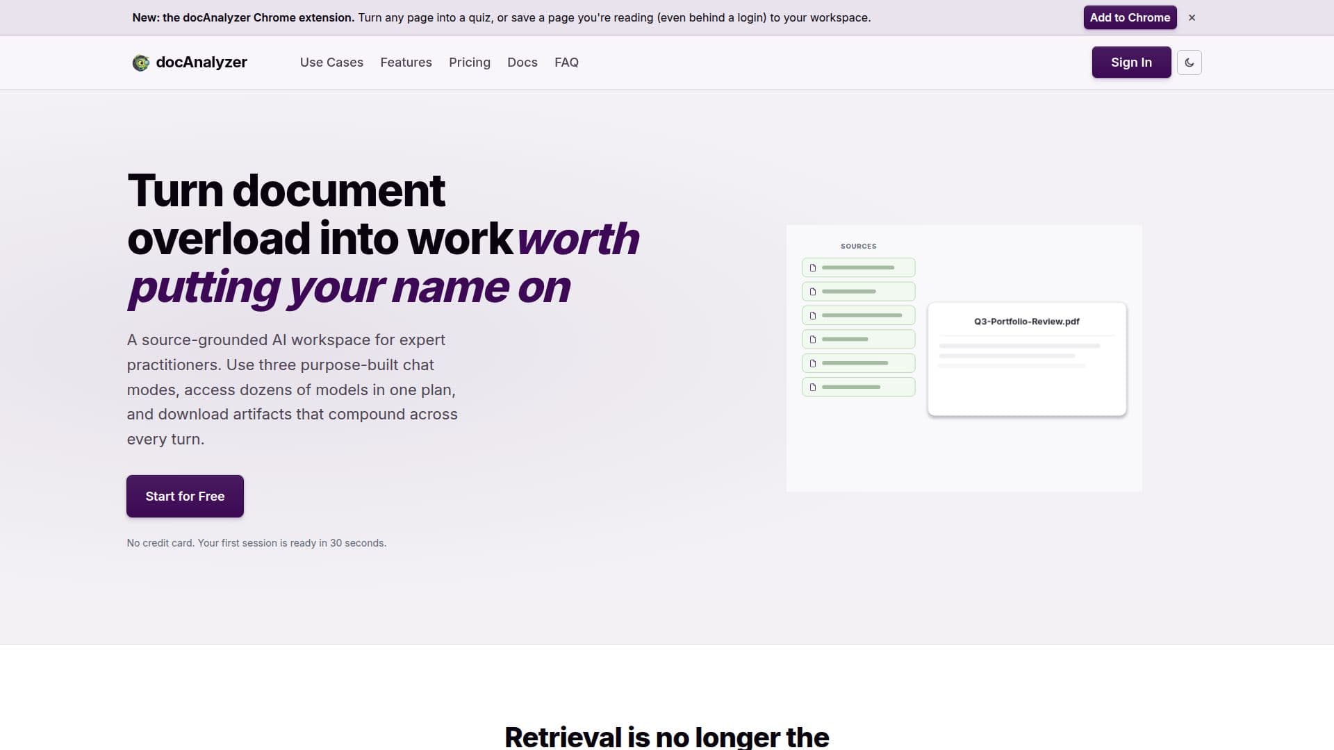 docAnalyzer · Espaço de trabalho de documentos com IA fundamentada em fontes screenshot