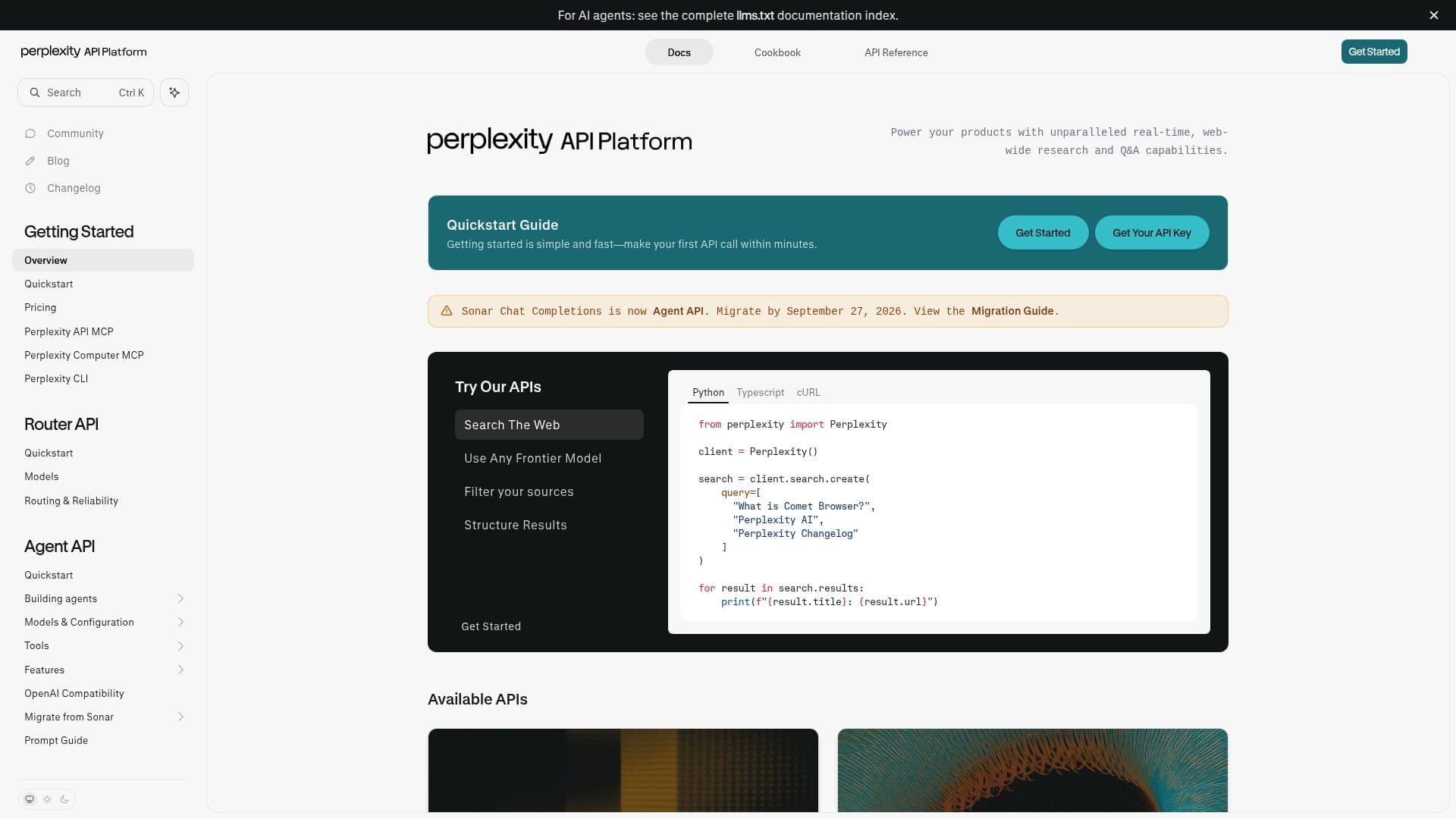 Perplexity Sonar API screenshot
