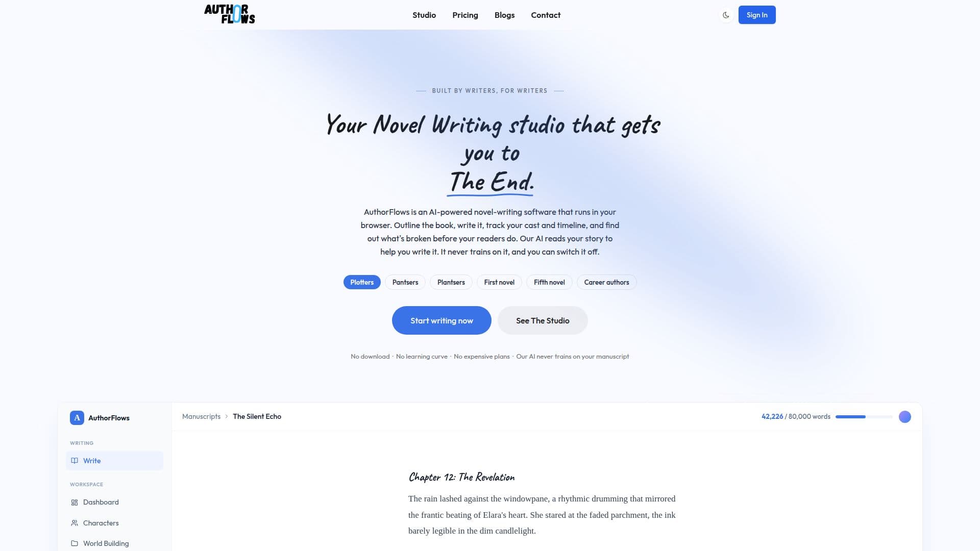 Software de Escrita de Romances AuthorFlows AI screenshot