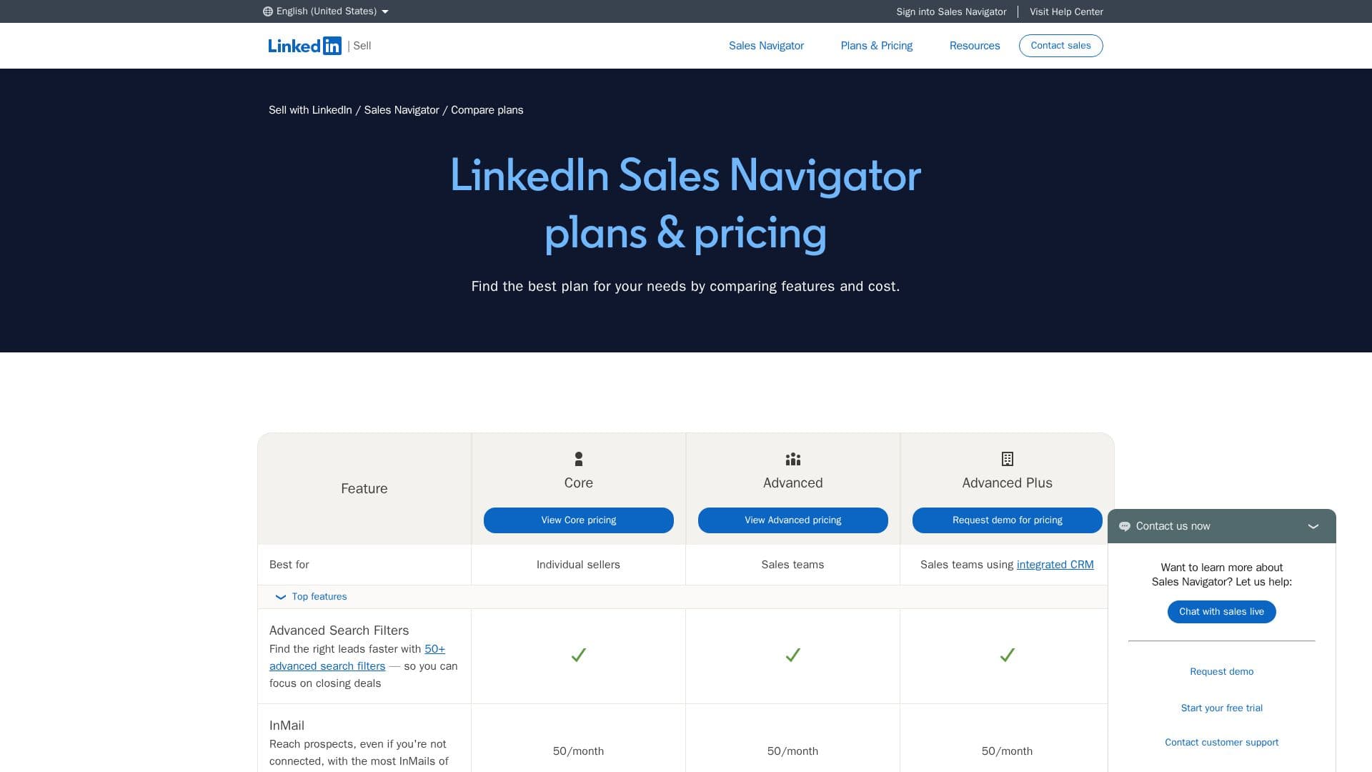 Planos do LinkedIn Sales Navigator screenshot